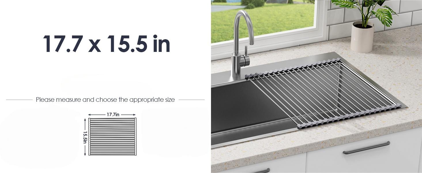 17.7" x 15.5" Roll Up Dish Drying Rack Over Sink Drying Rack Sink Cover Kitchen Sink Accessories Gadget Multipurpose Organizer Foldable Stainless Steel Drainer (Grey)