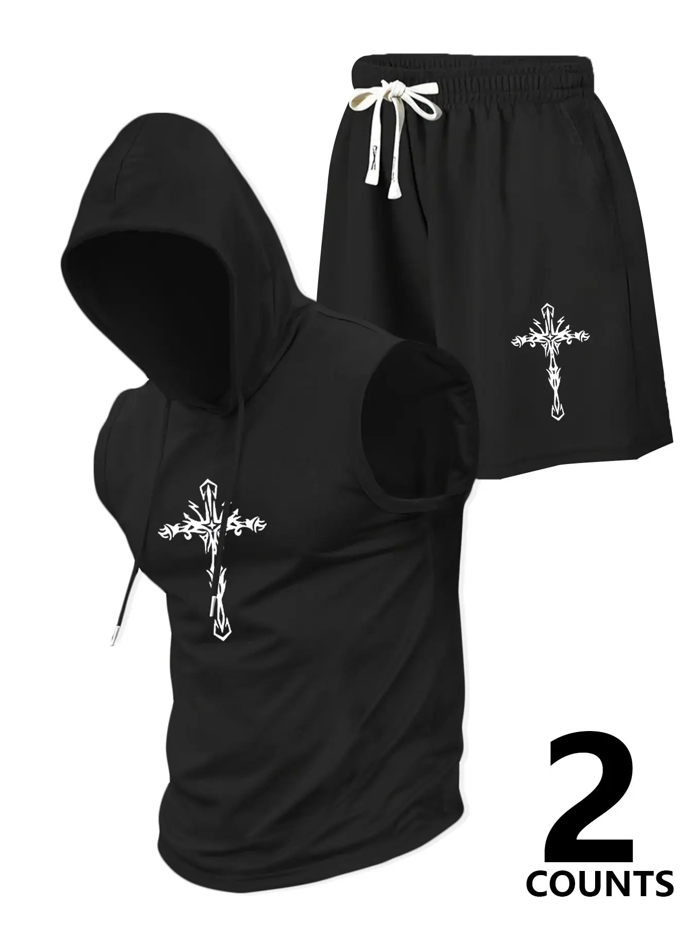 Men's 2-Piece Tribal Cross Sleeveless Hoodie & Shorts Set, Black Gothic Streetwear Outfit, Muscle Fit Gym Workout Tracksuit