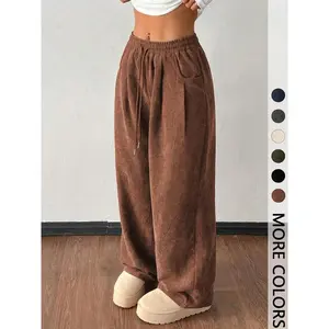 Women’s vintage corduroy drawstring pants, loose-fitting casual autumn/winter bottoms, textured long women’s trousers, casual chic pants
