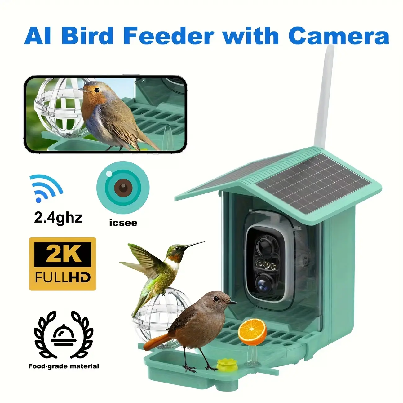 2K Solar Power Smart Bird Feeder with Camera, Wi-Fi Remote Monitoring, Live Stream, Video Recording, Motion Alert, Squirrel-Proof, IP66 Waterproof, Ideal Gift for Bird Lovers