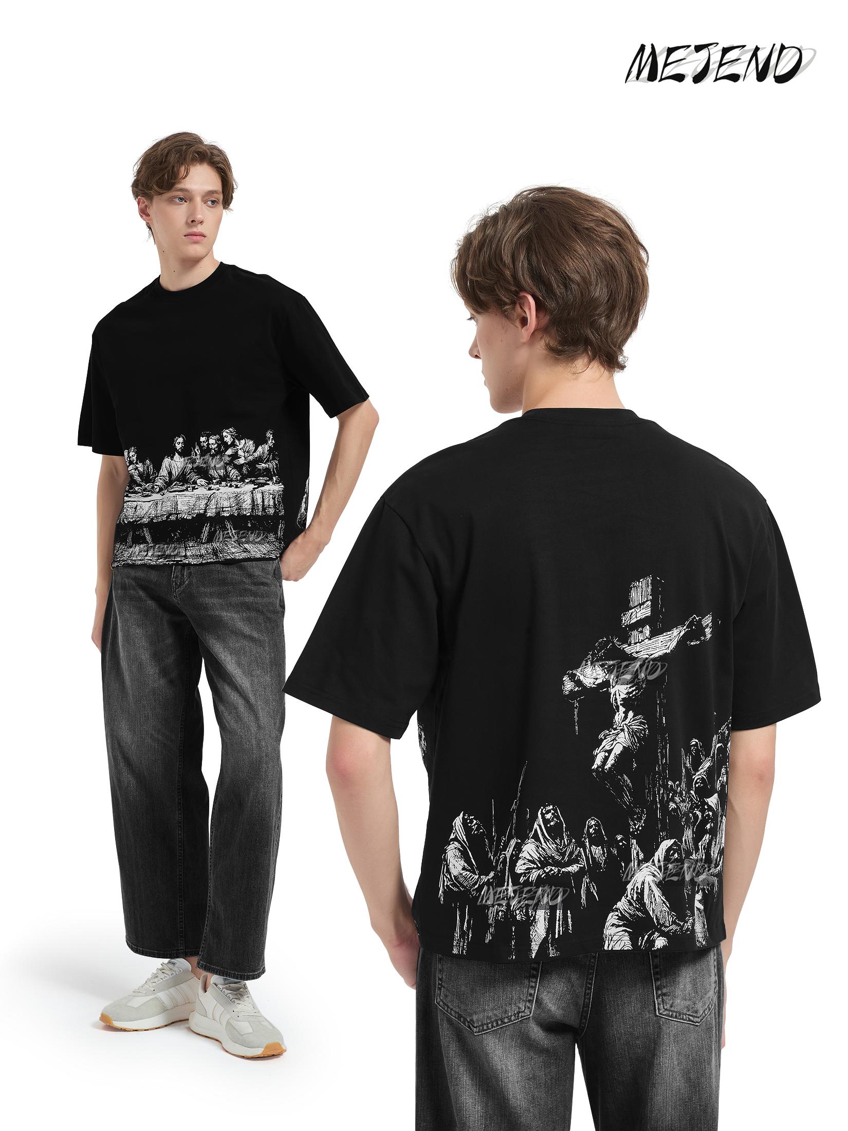 MeJend 12oz Heavyweight Cropped Tee, Jesus Print Oversized Tee, Streetwear T-Shirt, Gothic Art Heavy Cotton Shirt