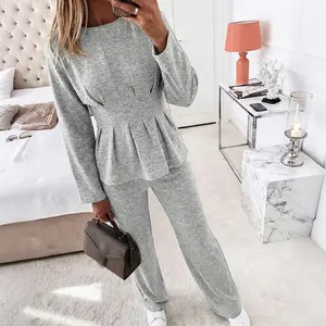 CHICME Women's Two-Piece Set Cinched Waist Long Sleeve Top and High-Waist Wide-Leg Pants Loose Commuting Set
