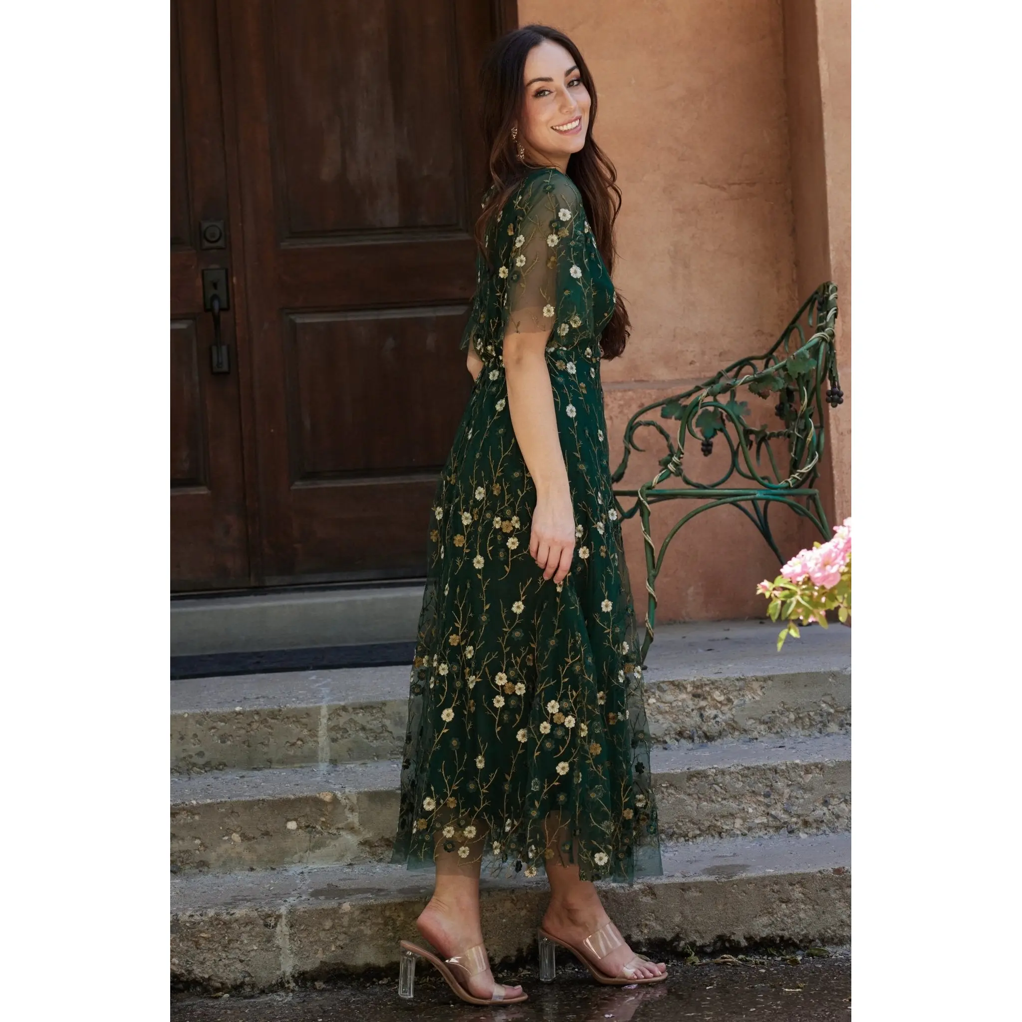 Arabella Embroidered Tulle Maxi Dress | Dark Green Floral - TikTok Shop