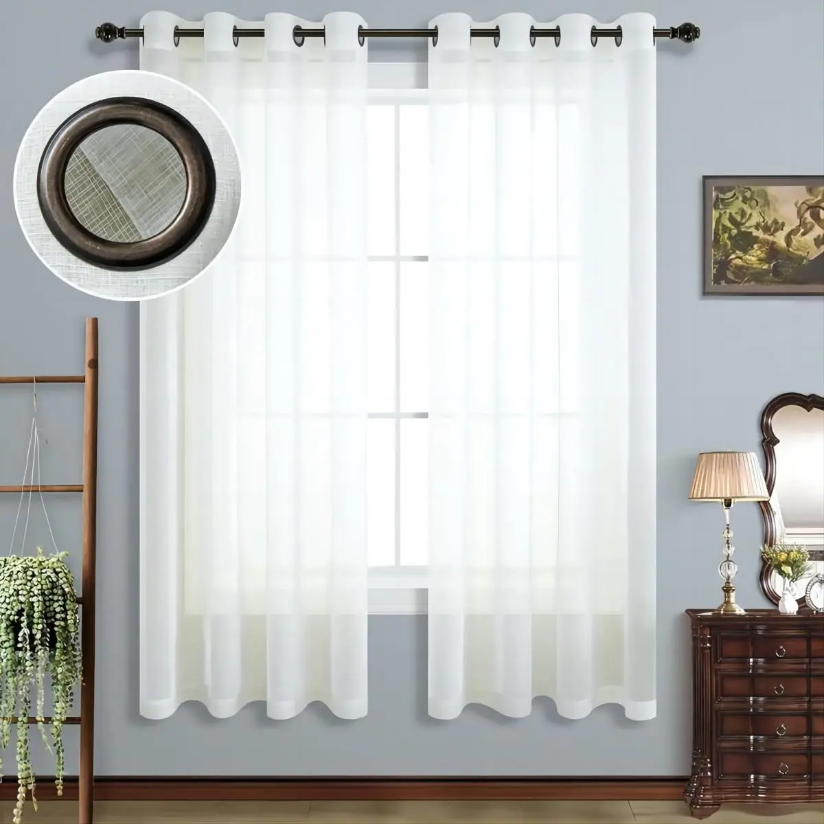 Ivory Cream Colored Farmhouse Privacy Sheer Window Curtains for Living Room Bedroom 2 Panels Set Bronze Grommet Decorative Drapes
