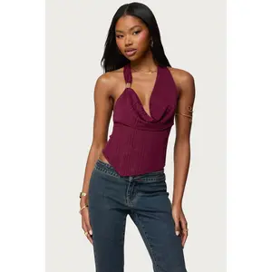 Mimi Asymmetric Textured Mesh Halter Top