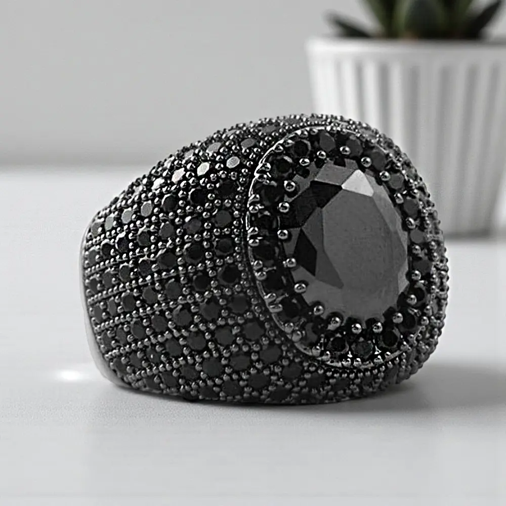 MaxBling81 Men's Hip Hop Iced Ring, Geometric Cut Polished Hematite & Cubic Zirconia, Luxury Pinky Jewelry, Men's Accessories, Sizes 8-12