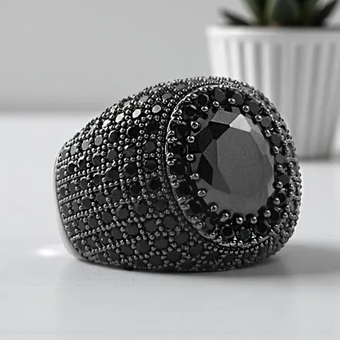 MaxBling81 Men's Hip Hop Chunky Statement Ring - Geometric Cut Polished Hematite Black Gem, Iced Out Cubic Zirconia Brass Base Pinky Piece, Exquisite Trendy Decorated Accents Alternative Style Jewelry, Daily Wear Costume Accessory, Sizes 8-12, Decorated R