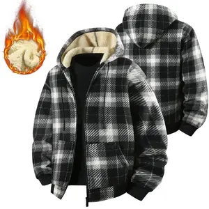 Men's Retro Fleece Jacket with Motorcycle Embroidered Stand Collar Hooded Sweatshirt Stylish Plaid Shirt Versatile Warm Top for Spring and Autumn
