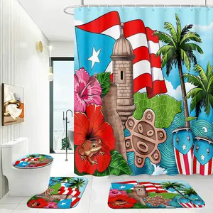 4pcs Puerto Rico Flag Aesthetic Shower Curtain Set with Rugs, Caribbean Culture Decor,The floor mat fabric is thicker and softer!  Tropical Bath Mats, Patriotic Home Restroom Decor