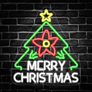 1pcs Merry Christmas Flower Neon Light, LED Wall Hanging Decor, Tree Flower Shape, USB Powered, Home Office Shop Window Decoration
