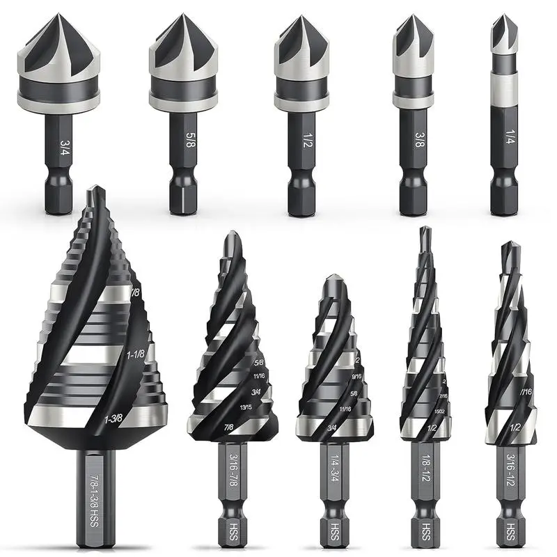 10-Piece High Speed Steel Power Drill Bits Kit, Nitrided Step & Countersink Tools with Enhanced Durability, Humanized Design for Metal, DIY Enthusiasts’ Home Projects