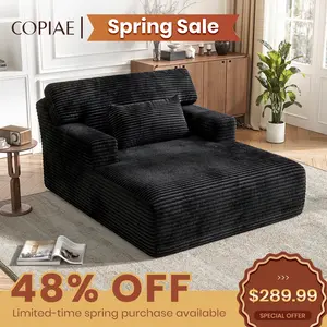 Oversized Corduroy Chaise Lounge Chair, Plush Upholstered Sleeper Chair with Back & Throw Pillow for Living Room, No Assembly Required