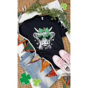 Tees2urdoor Women's Round Neck Lucky Highland Cow Graphic Shortsleeve Top - Everyday Casual Garment, Black 1-Piece T-Shirt Outfits