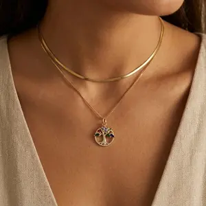 14K Gold Plated Colorful CZ Tree of Life Necklace, Family Bond & Growth Symbol Jewelry for Daily Wear & Meaningful Gifting