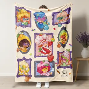 Nostalgic 80s 90s Strawberry Shortcake Halloween Blanket,Retro Cartoon Masquerade & Trick-or-Treat Throw,Cozy Fleece Blanket with Classic Characters in Costumes, Whimsical Nostalgia Gift