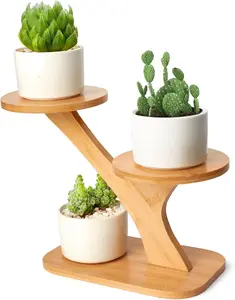3-Tier Natural Bamboo Wood Plant Stand - Decorative Mini Indoor Multi-Layer Vertical Raised Planter Stand, Small Desktop Succulent Windowsill Holder for Home Office (Pots NOT Included), Decorative Mini Stands, Indoor Stands