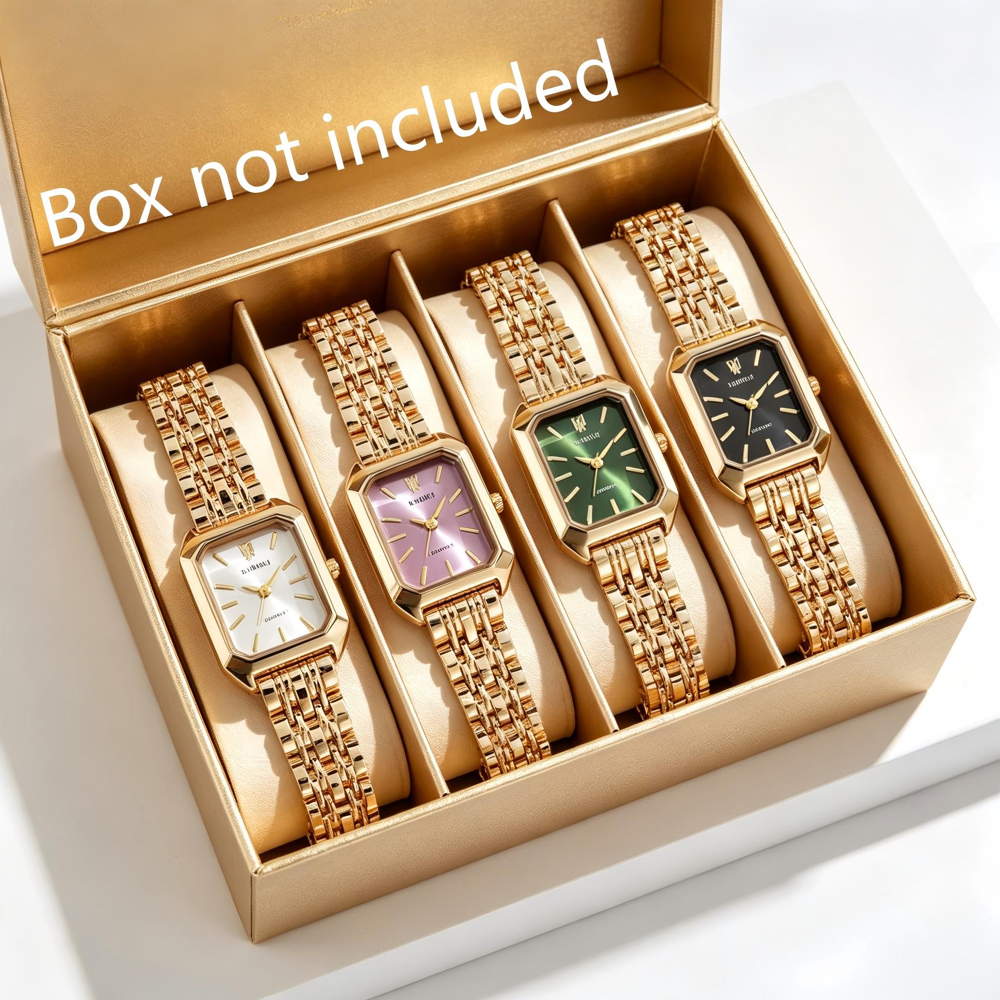 4Pcs Luxury Unisex Square Quartz Wristwatch Gold Tone Alloy Watch & Bracelet Set Multiple Color Choice Ideal Gift for Family Lovers