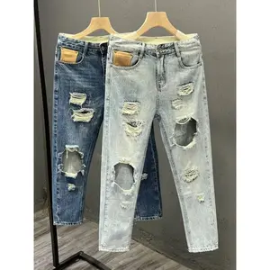Trendy Men's Distred Denim Jeans Summer New Sle Korean Version Slim Straight Loose Nine-Piece Pants Wear-Resistant Long ...