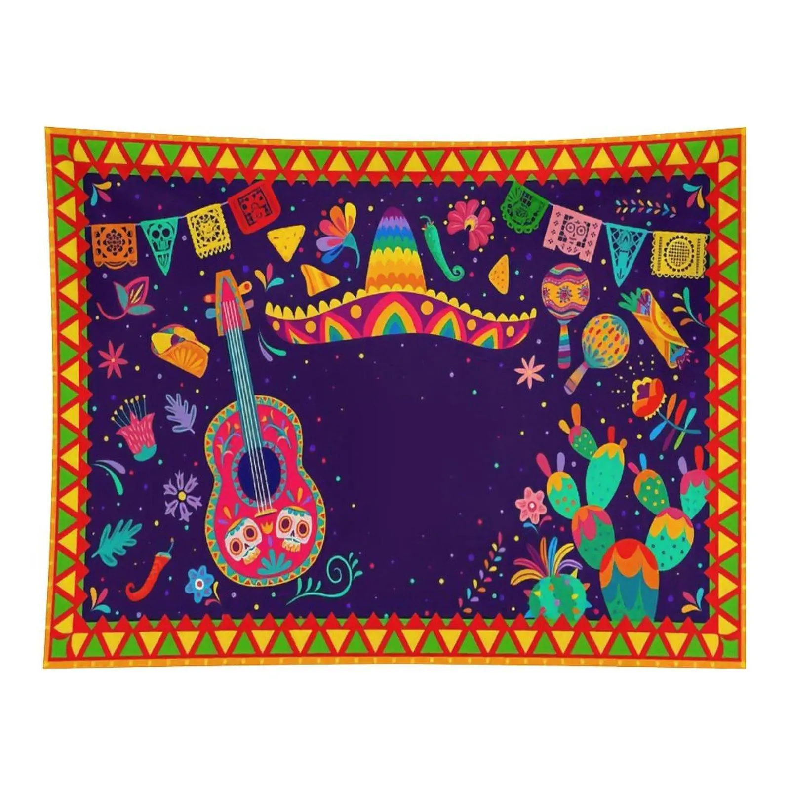 Vibrant Mexican Fiesta Wall Tapestry Colorful Guitar Cactus Sombrero Maraca Folk Art Pattern Wall Hanging For Party Room Decoration
