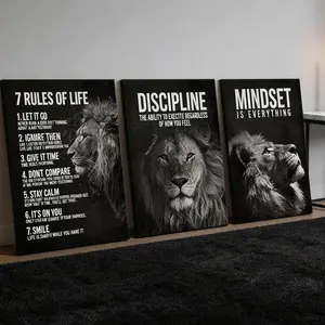 3Pcs/Set "7 Rules of Life, Discipline, Mindset" Lion Motivational Canvas Wall Art Artwork Grind Culture Statement Set, Powerful Black & White Design, Black & White Lion Quote Prints, Inspirational Decor Decoration for Office, Gym & Bedroom, 12X16in Framed