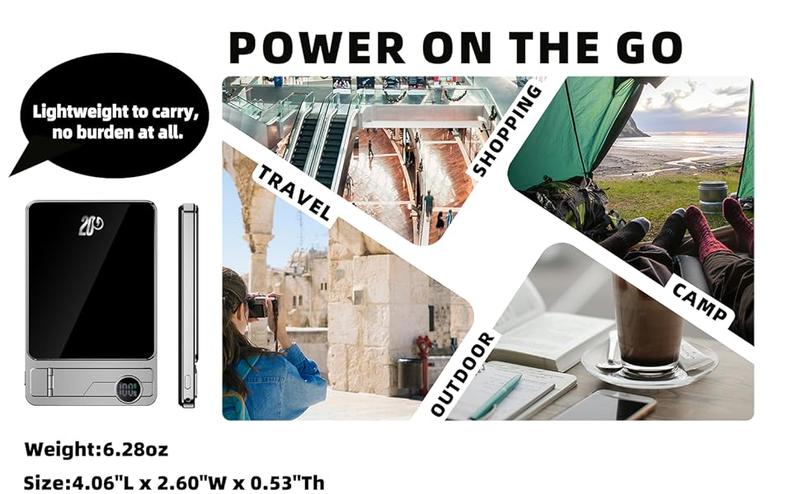 MagSafe Portable Charger 5000mAh, 20W USB-C PD Fast Charging Magnetic Power Bank with Foldable Stand & LED Display, Wireless Charging for Phone, Watch & Earbuds, Compatible with iPhone 17/16/15/14/13/12 Series