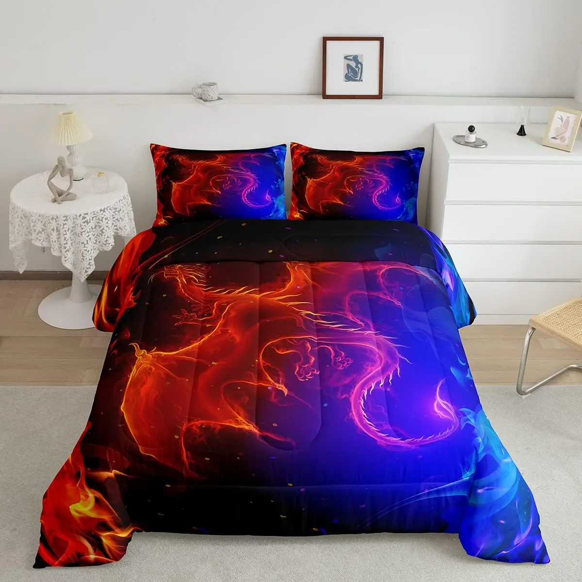 Feelyou Dragon Nebula Bedding Set - Mysterious Outer Space Quilted Duvet Set, Machine Washable Microfiber Duvet, Blue Red Trippy Bedroom Bedding for Young Men, Bedroom Bedding Set, Machine Washable Duvet