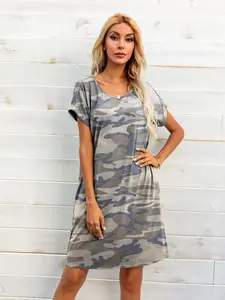 Bd1361 Women's New Summer Casual Camouflage Print Round Neck Short Sleeve Dress, Loose-Fitting, Pockets, Short Length, Stylish Design, Womenswear