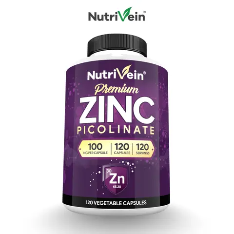 Nutrivein, Zinc Picolinate Capsules, Dietary Mineral Supplement, Plant-Based Nutrition Formula, Daily Wellness Support, 120 Capsules, 100mg, 2 Capsules Daily