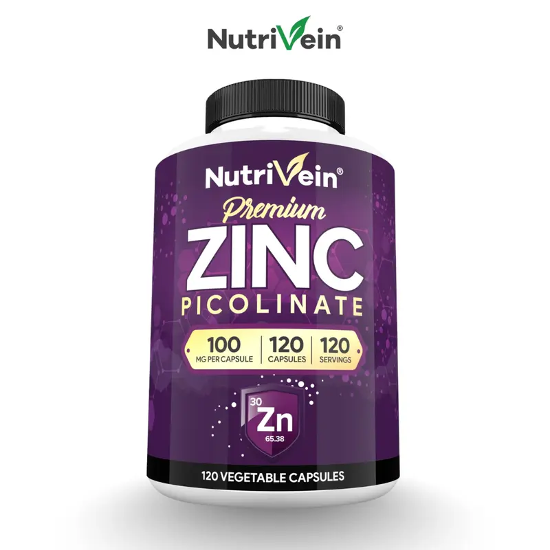 Nutrivein, Zinc Picolinate Capsules, Dietary Mineral Supplement, Plant-Based Nutrition Formula, Daily Wellness Support, 120 Capsules, 100mg, 2 Capsules Daily