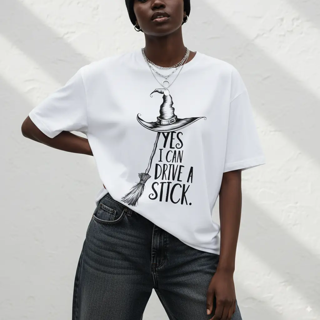1pc Women's Witch Graphic T-Shirt - "Yes I Can Drive a Stick" Print, Casual All-Season Sportswear, Black with White Lettering, Round Neck, Short Sleev