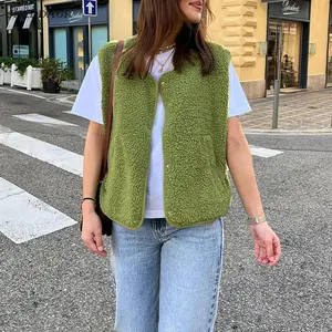 Women's Simple Fashion Fleece Vest Sleeveless V-neck Snap Button Jacket Cardigan Winter Warm Coat
