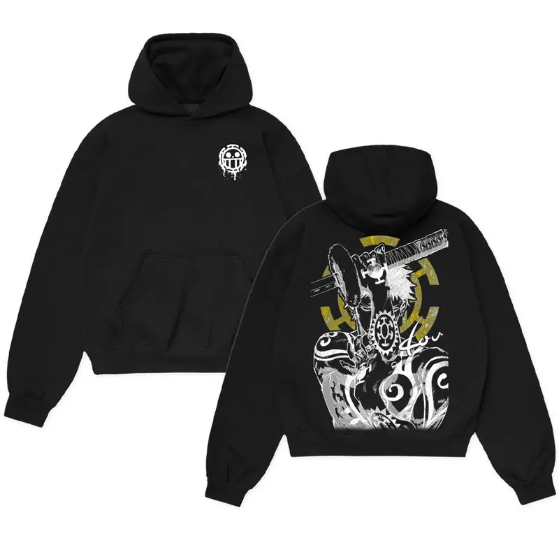 (Collection) Trafalgar D. Water Law Hoodie – One Piece Anime Surgeon of Death Graphic Oversized Cotton Pullover, Heart Pirates Logo Streetwear for OP Fans and Anime Lovers tee shirt Retro Washed Unisex T-shirt gift