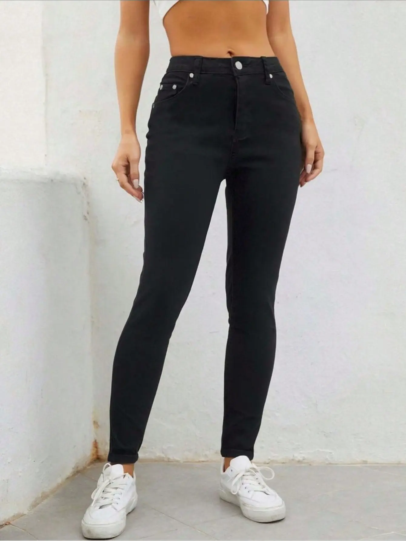 Women's Solid Black Skinny Jeans, High Rise Slim Fit Stretch Cotton Denim Pants for Everyday Casual Wear, Smooth, Sweaters