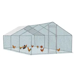 20 x 10 ft Large Outdoor Metal Poultry Run with Waterproof Cover Walk-in Chicken Coop Hen House for Backyard Farm and Garden