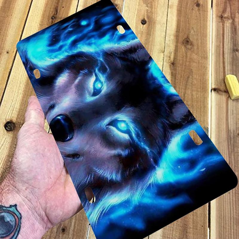 Wolf With Blue Eys And Blue Fire Watching Metal Car Plate Decorative Aluminum License Plate Tag Sign, 12" x 6" Aluminum Vanity Tag for US Vehicles - Car Accessories