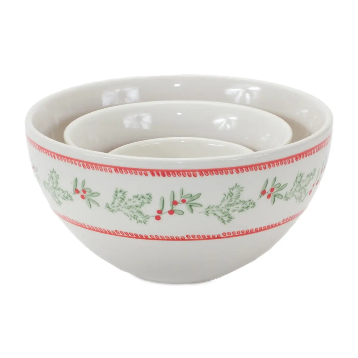 Melrose International 86082DS Traditional Stoneware Mistletoe Bowls - Set of 3, Kitchen Tableware