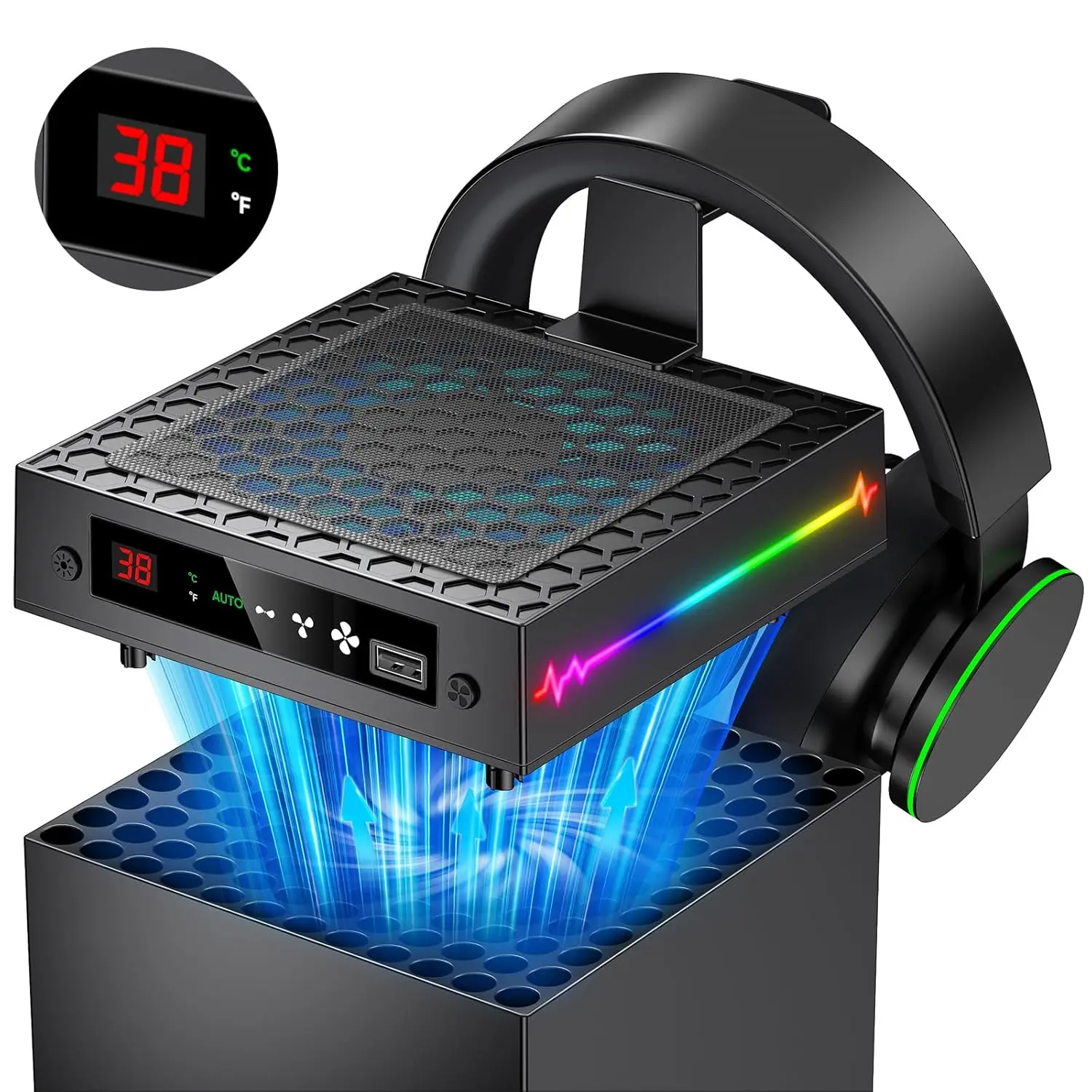 RGB LED Cooling Pad for Xbox Series X Console Gamers, Gamer Stuff, 20% More Compact Low-Profile Synthetic, 5V/2A Output, 9 Light Modes with 2 Dynamic Effects, 4-Gear Temperature Control, Headset Hook, USB Charging Port, LED Display, Rgb Lights