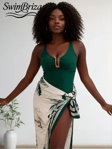Briza｜Sculpting One Piece Swimsuit In Emerald Green Solid With Gold U-Ring Detail And Tropical Sarong, A Swimsuit For Women And Vacation Swimwear For Women Bathing Suit With Swimsuit Cover Up For Women For Resort Days And Confident Curves