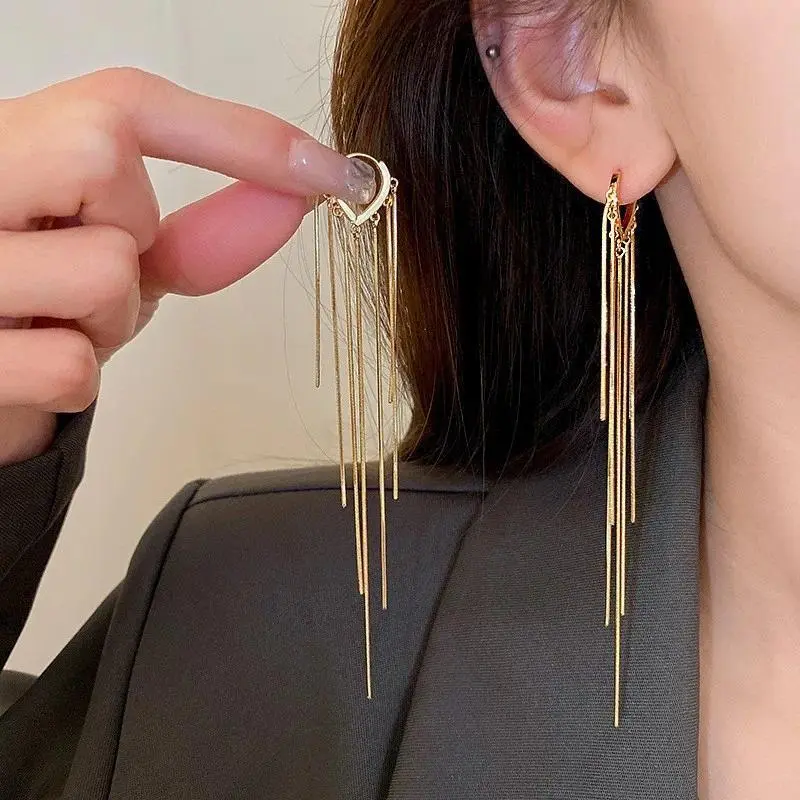 Women's 925 Silver Needle Long Chain Tassel Earrings, Korean Fashion All Seasons Engagement Jewelry, Trending 2026 Tassel Chains Drop Earrings