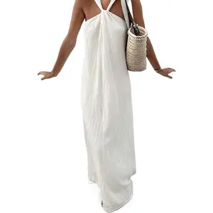 One Shoulder Long Dress Crinkled Fabric Twist Front Pleated Texture Sleeveless Lightweight Material