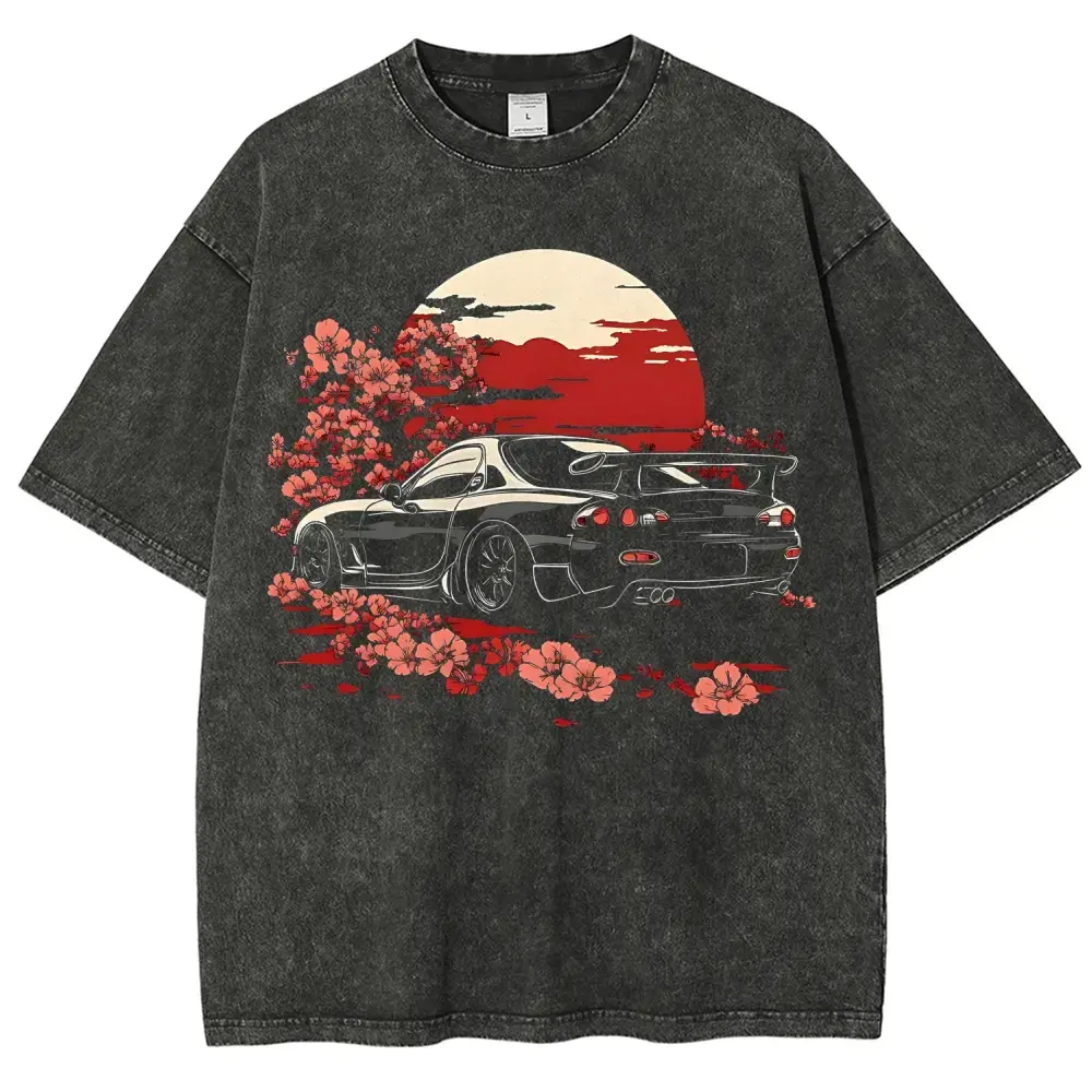 Men's Short-Sleeve Retro RX-7 JDM Mineral Wash Graphic T-Shirt - Unisex Oversized Heavyweight Crewneck, Sakura Car Culture Aesthetic Streetwear Menswear Tops, Shortsleeve Shortsleeve