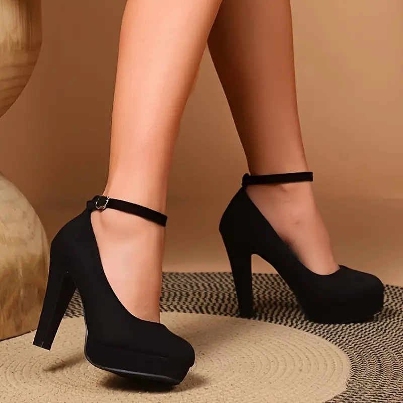 2026  Women's Elegant Classy Stylish Heels - Black Block Platform Ankle Strap Footwear, All-Match Going Out Dress Pumps