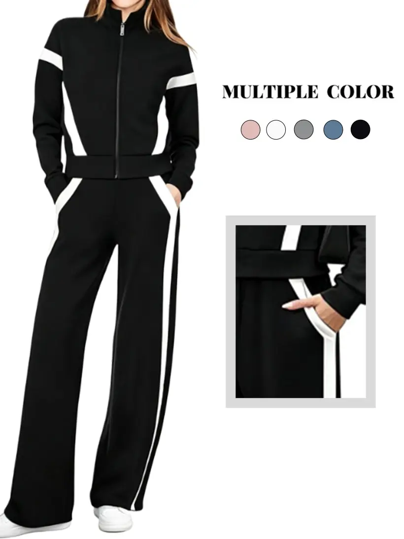 Autumn/Winter women’s European and American fashion casual sportswear set, zip-up sweatshirt + long pants, elegant color-block design for comfortable wear, stylish, chic, versatile, and durable women’s apparel, a commuter-friendly two-piece set