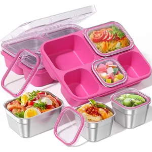 Snackle Box Containers, Stainless Steel 5 Compartments Divided Serving Tray with Lid, Removable LeakProof Portable Bento Box for Fruit Candy Nuts  - School, Picnic and Travel()