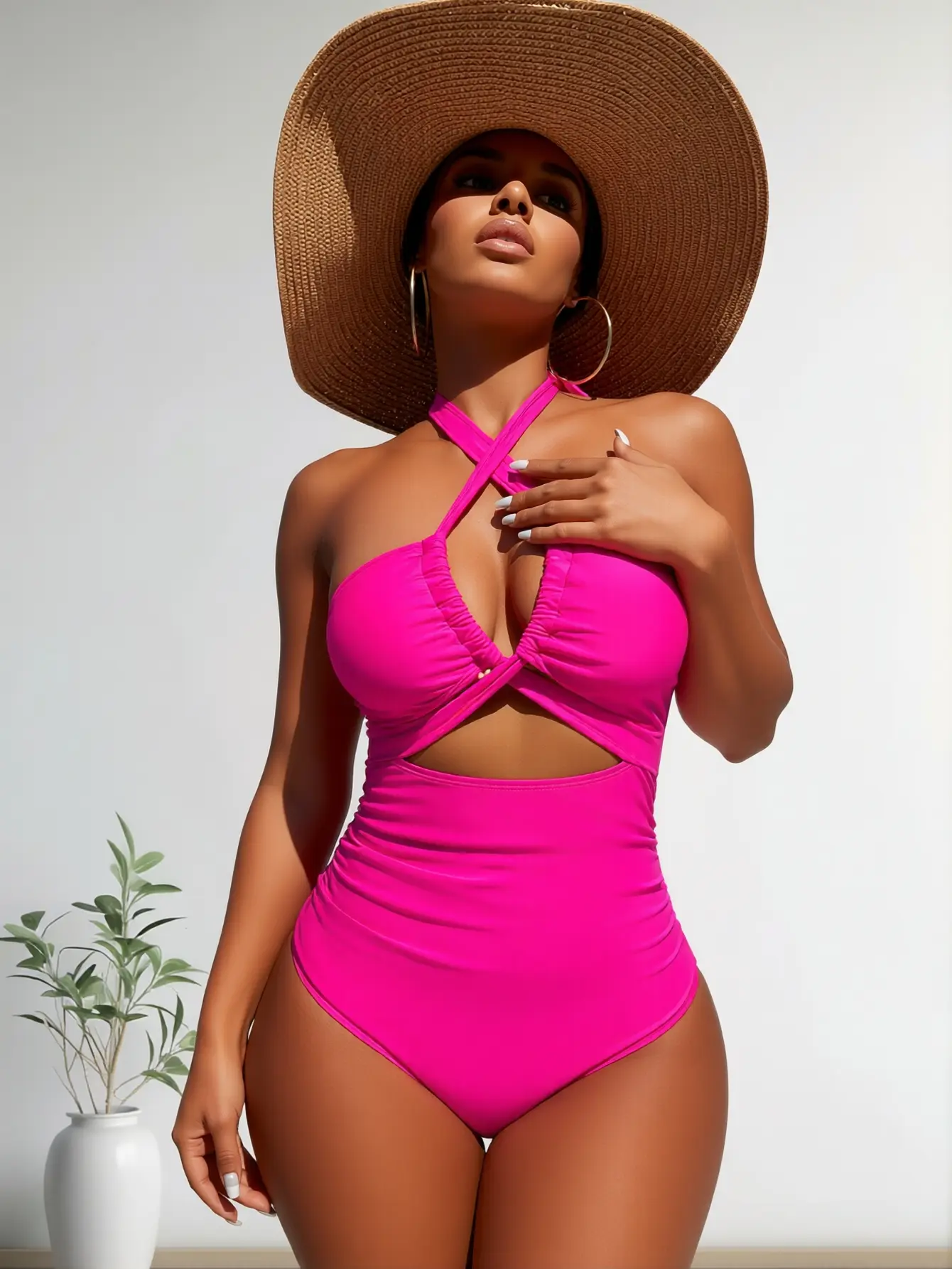Women's High-Waisted Halter Cross-Front 1-Piece Tummy Control Bathing Suit - Hot Pink Sports & Outdoor Swimwear, Swimming Women's One-Pieces, Cutout Women's One-Pieces