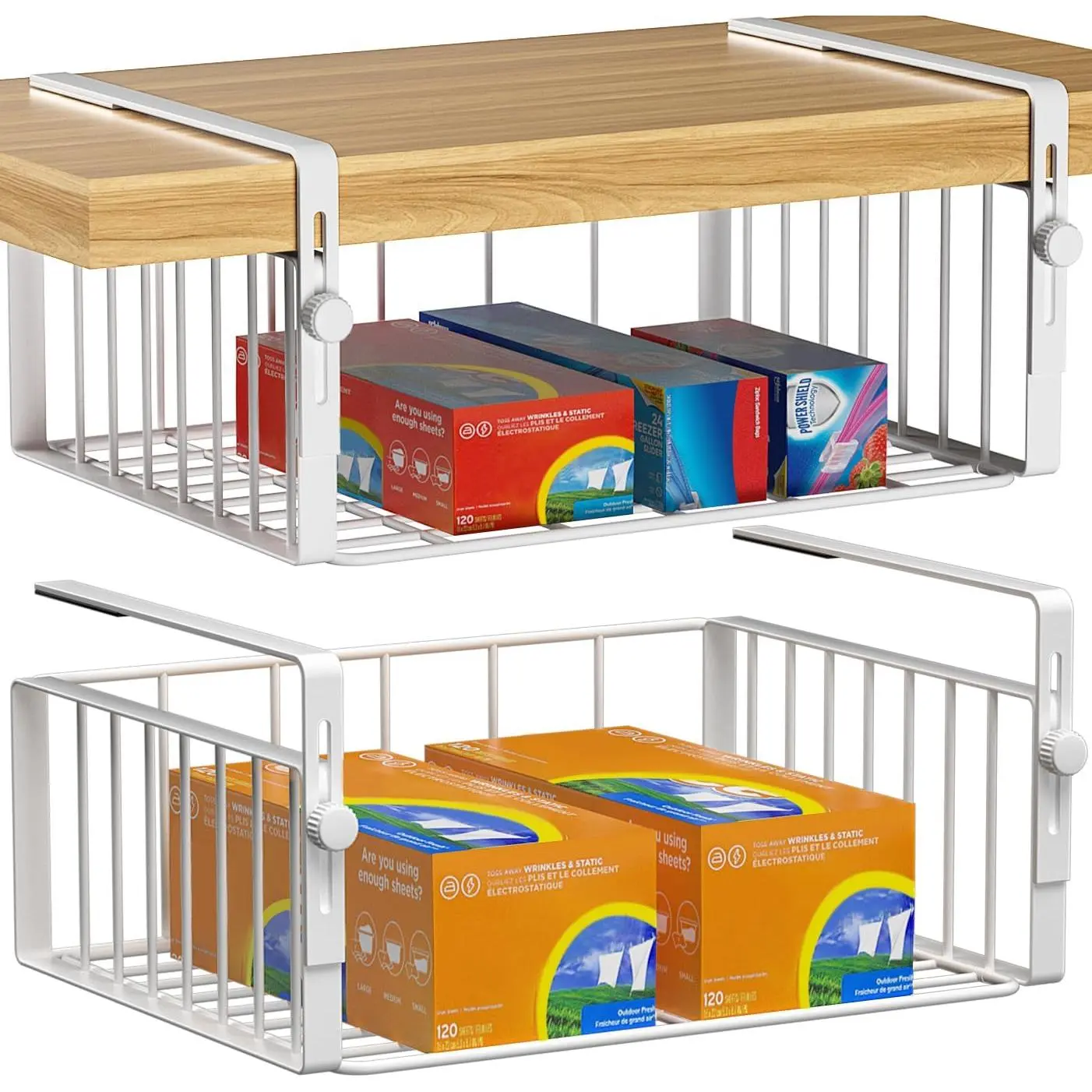 2Pack Under Shelf Basket Organizer,Adjustable Hanging Holder Storage for Cabinet Pantry Kitchen Cupboard Desk Counter Bookshelf Organization Add-on Space Saver Heavy Duty Slide-in,White