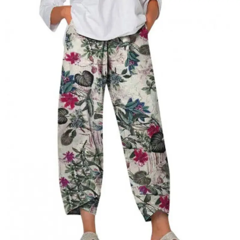Cotton Linen Pants for Women 2025 Casual Printed Cropped Pants Elastic Waist Lounge Baggy Trousers Cotton Linen Pants for Women 2025 Casual Printed Cropped Pants Elastic Waist Lounge Baggy Trousers
