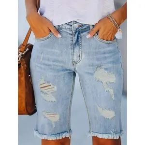 Women's Solid Color Mid-Waisted Ripped Denim Shorts Jean with Distressed Design for Womenswear
