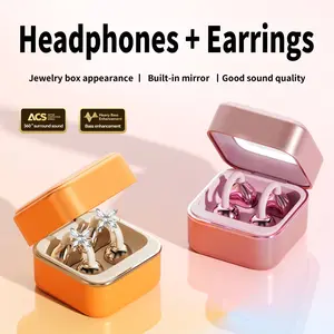 CHENRUIDA M161 Bluetooth Earbuds Ear Clip Style with Bow Ear Jewelry Wireless Earphones Makeup Mirror & Jewelry Box Design for Daily Wear Office Study Travel Gift