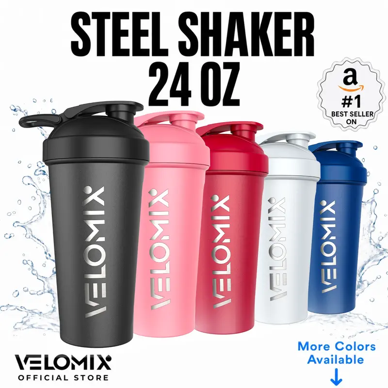 VELOMIX 24oz Unisex Stainless Steel Insulated Water Bottle - Gym Accessories, Wire Whisk, Wide Mouth Flip Top Lid, Leakproof Seal, Clump-Free, Odor-Resistant Hand Wash Cup for Fitness Hydration, Outdoor Sports